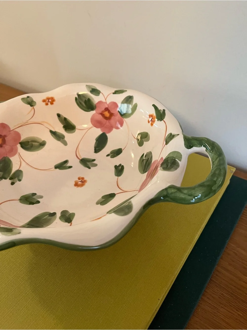 Hand-Painted Floral Ceramic Serving Bowl - Pink & Green